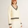 Pulover scurt pentru femei, cu model cablat, cu nervuri albastre și cristale