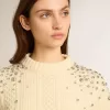 Pulover scurt pentru femei, de culoare albă uzată, cu cristale decorative Pulover scurt pentru femei, de culoare albă uzată, cu cristale decorative