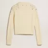 Pulover scurt pentru femei, de culoare albă uzată, cu cristale decorative Pulover scurt pentru femei, de culoare albă uzată, cu cristale decorative
