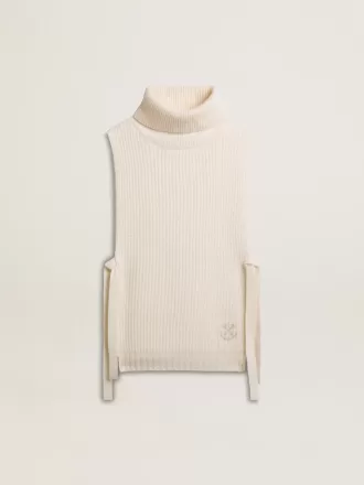 Pulover unisex alb, fără mâneci, cu guler înalt, din lână cu nervuri