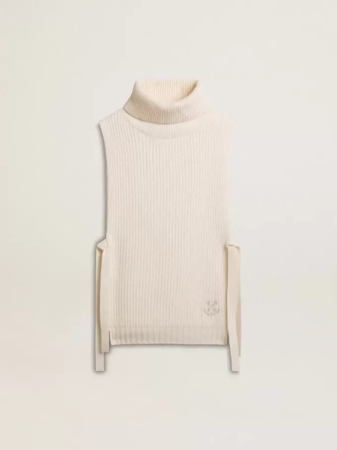 Pulover unisex alb, fără mâneci, cu guler înalt, din lână cu nervuri Pulover unisex alb, fără mâneci, cu guler înalt, din lână cu nervuri