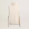 Pulover unisex alb, fără mâneci, cu guler înalt, din lână cu nervuri Pulover unisex alb, fără mâneci, cu guler înalt, din lână cu nervuri