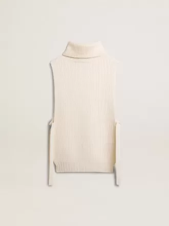 Pulover unisex alb, fără mâneci, cu guler înalt, din lână cu nervuri