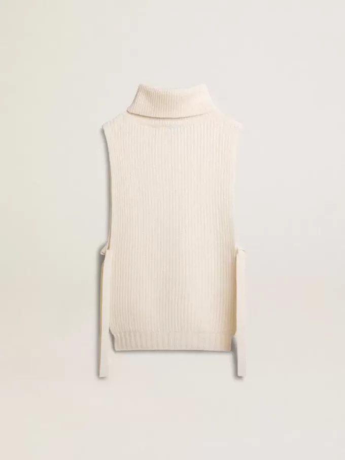 Pulover unisex alb, fără mâneci, cu guler înalt, din lână cu nervuri Pulover unisex alb, fără mâneci, cu guler înalt, din lână cu nervuri