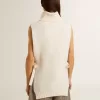 Pulover unisex alb, fără mâneci, cu guler înalt, din lână cu nervuri Pulover unisex alb, fără mâneci, cu guler înalt, din lână cu nervuri