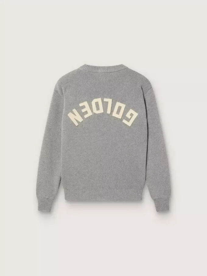 Pulover unisex Golden pentru copii, din tricot melanjat gri, cu logo pe spate Pulover unisex Golden pentru copii, din tricot melanjat gri, cu logo pe spate