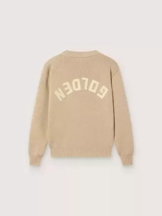 Pulover unisex pentru copii, de culoare bej auriu, cu nervuri și logo pe spate Pulover unisex pentru copii, de culoare bej auriu, cu nervuri și logo pe spate