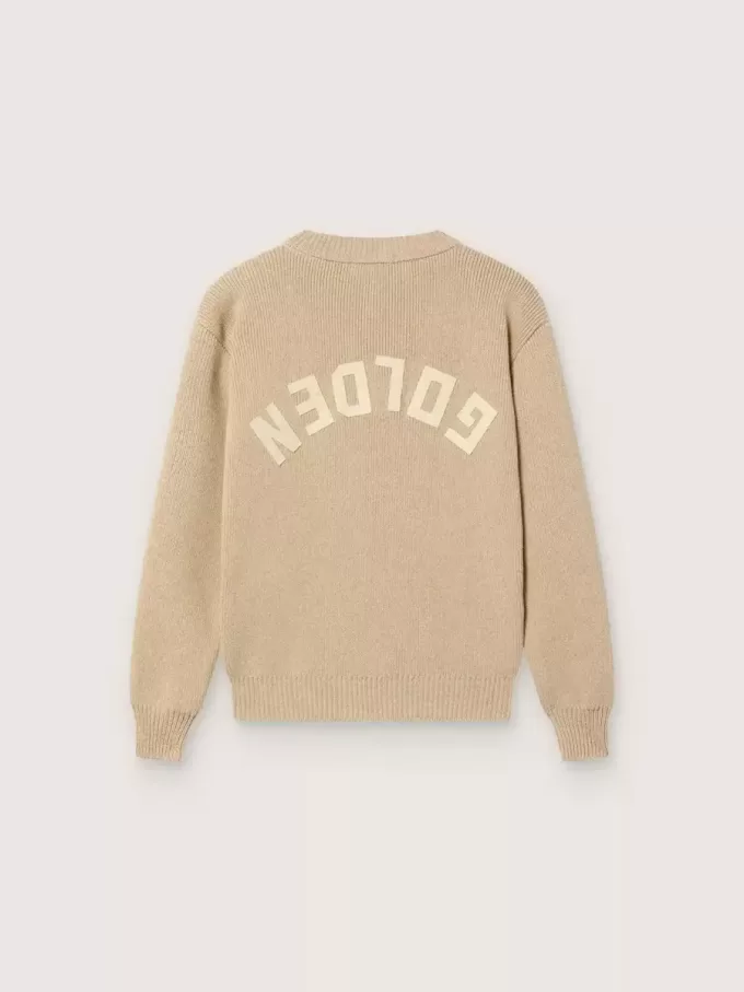 Pulover unisex pentru copii, de culoare bej auriu, cu nervuri și logo pe spate Pulover unisex pentru copii, de culoare bej auriu, cu nervuri și logo pe spate