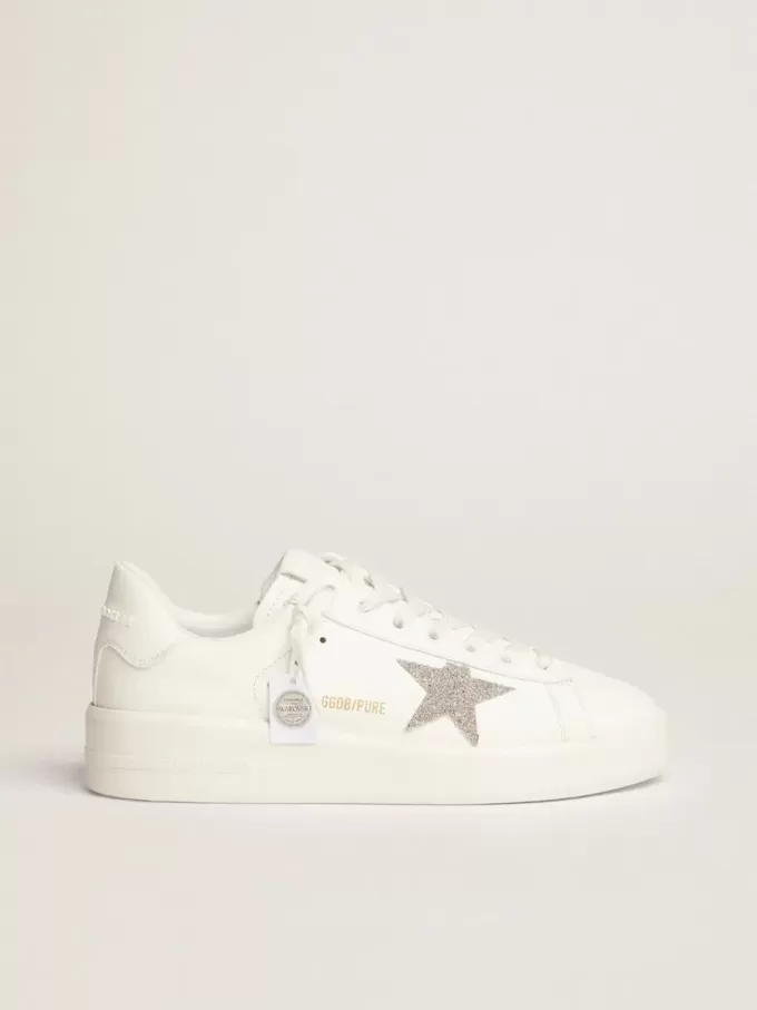 Purestar pentru femei din piele albă cu stea din cristal Swarovski argintiu Purestar pentru femei din piele albă cu stea din cristal Swarovski argintiu