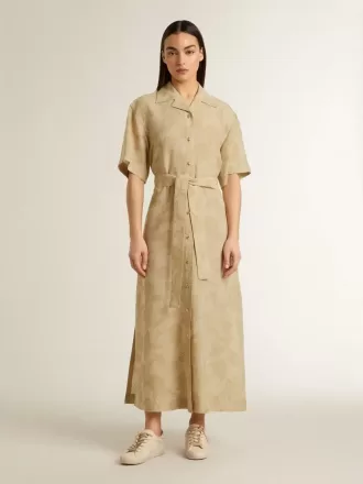 Rochie cămașă cu mâneci scurte pentru femei, din jacquard floral bej