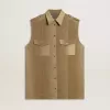 Rochie cămașă pentru femei din denim de culoare nisipiu, cu detalii militare Rochie cămașă pentru femei din denim de culoare nisipiu, cu detalii militare