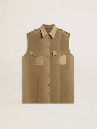 Rochie cămașă pentru femei din denim de culoare nisipiu, cu detalii militare
