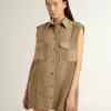 Rochie cămașă pentru femei din denim de culoare nisipiu, cu detalii militare Rochie cămașă pentru femei din denim de culoare nisipiu, cu detalii militare