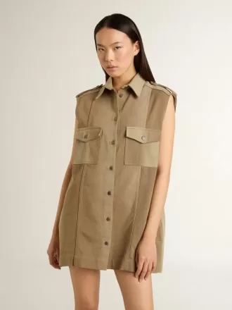 Rochie cămașă pentru femei din denim de culoare nisipiu, cu detalii militare