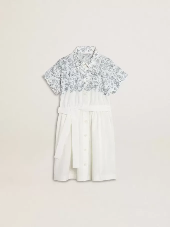 Rochie cămașă pentru fete din pânză de bumbac albă, cu imprimeu nautic albastru și bordură albă Rochie cămașă pentru fete din pânză de bumbac albă, cu imprimeu nautic albastru și bordură albă