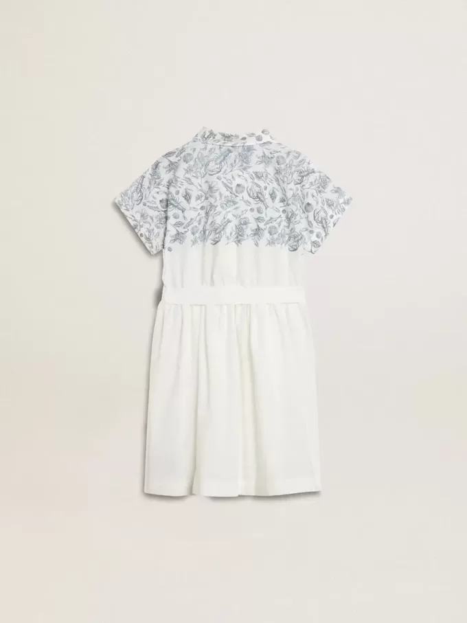 Rochie cămașă pentru fete din pânză de bumbac albă, cu imprimeu nautic albastru și bordură albă Rochie cămașă pentru fete din pânză de bumbac albă, cu imprimeu nautic albastru și bordură albă