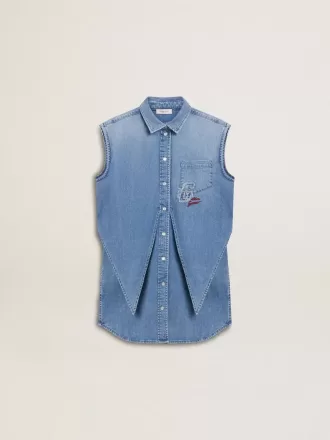 Rochie din denim pentru fete, cu nod în față și broderie