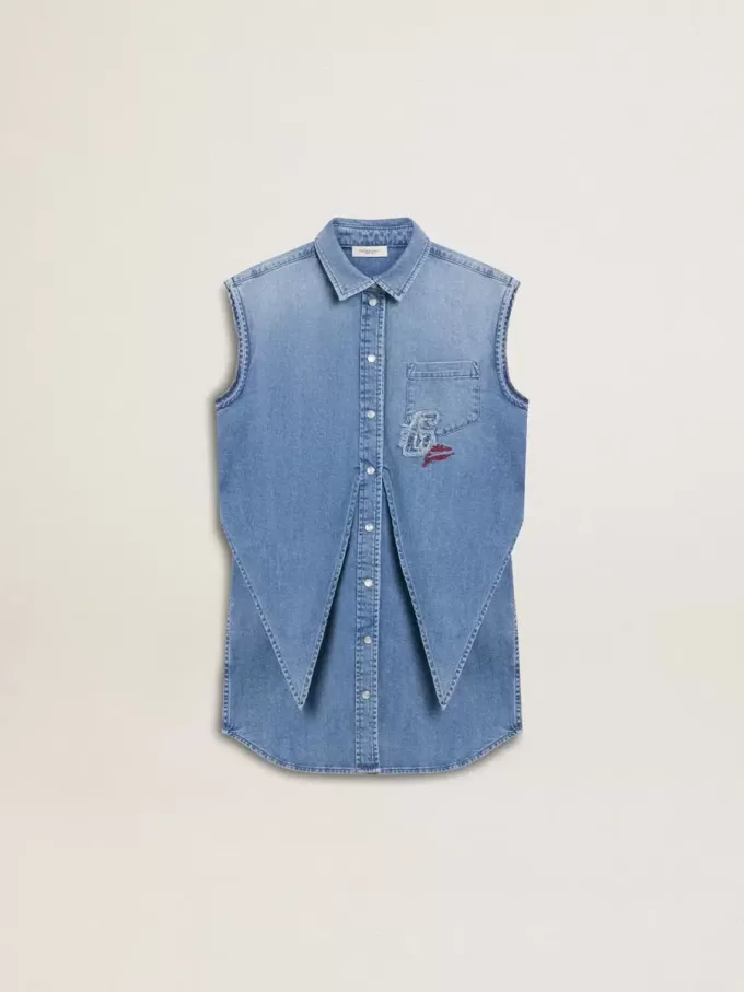 Rochie din denim pentru fete, cu nod în față și broderie