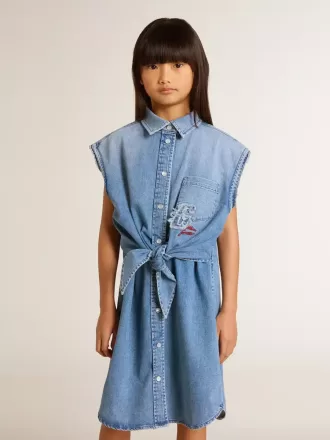 Rochie din denim pentru fete, cu nod în față și broderie
