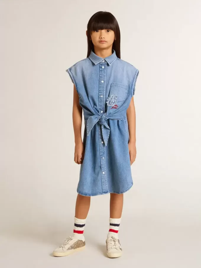 Rochie din denim pentru fete, cu nod în față și broderie