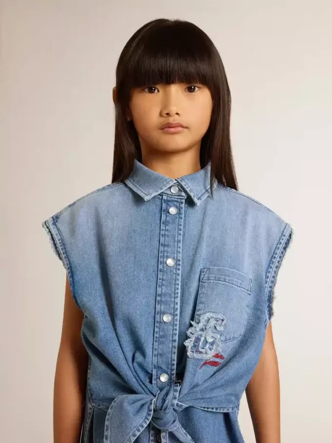 Rochie din denim pentru fete, cu nod în față și broderie