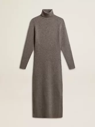 Rochie din lână cu nervuri, de culoare gri melanj, cu guler înalt