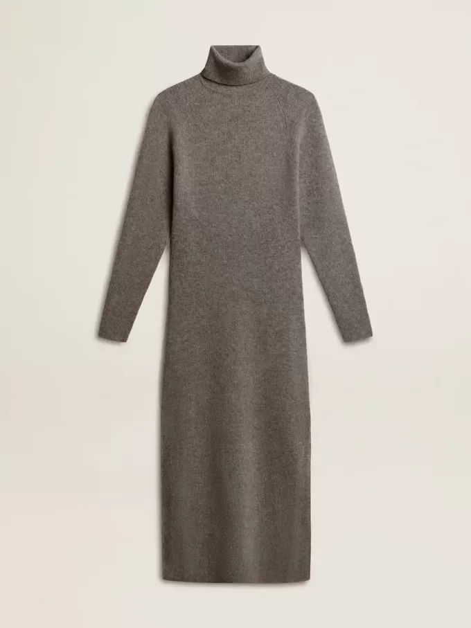 Rochie din lână cu nervuri, de culoare gri melanj, cu guler înalt Rochie din lână cu nervuri, de culoare gri melanj, cu guler înalt