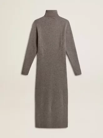 Rochie din lână cu nervuri, de culoare gri melanj, cu guler înalt