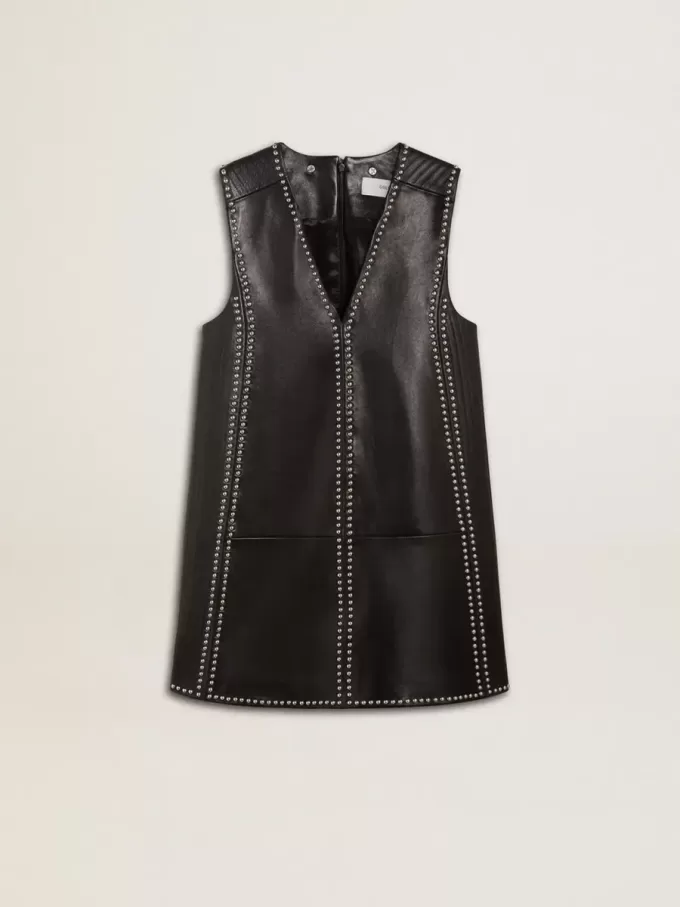 Rochie din piele nappa neagră pentru femei, cu ținte