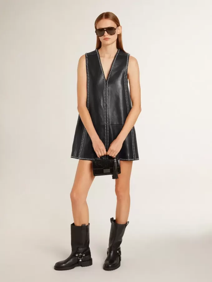 Rochie din piele nappa neagră pentru femei, cu ținte