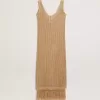 Rochie midi fără mâneci pentru femei, din croșetat bej, cu franjuri Rochie midi fără mâneci pentru femei, din croșetat bej, cu franjuri