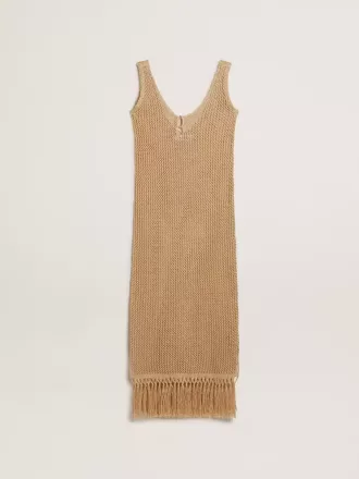 Rochie midi fără mâneci pentru femei, din croșetat bej, cu franjuri