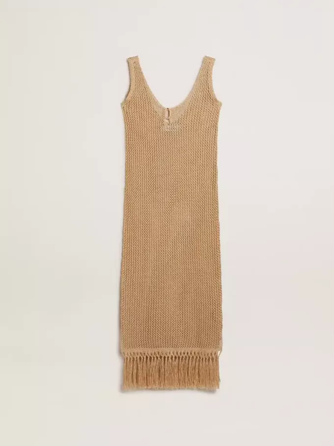 Rochie midi fără mâneci pentru femei, din croșetat bej, cu franjuri Rochie midi fără mâneci pentru femei, din croșetat bej, cu franjuri