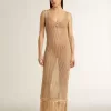 Rochie midi fără mâneci pentru femei, din croșetat bej, cu franjuri Rochie midi fără mâneci pentru femei, din croșetat bej, cu franjuri