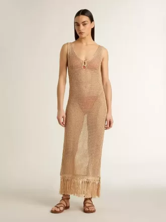 Rochie midi fără mâneci pentru femei, din croșetat bej, cu franjuri