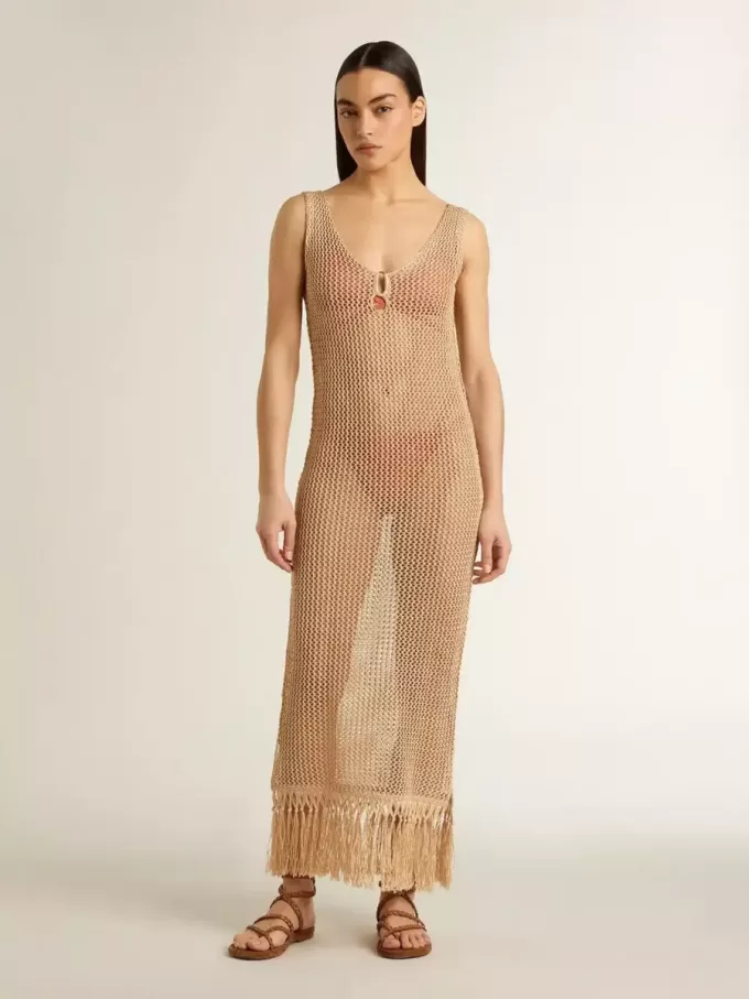 Rochie midi fără mâneci pentru femei, din croșetat bej, cu franjuri Rochie midi fără mâneci pentru femei, din croșetat bej, cu franjuri