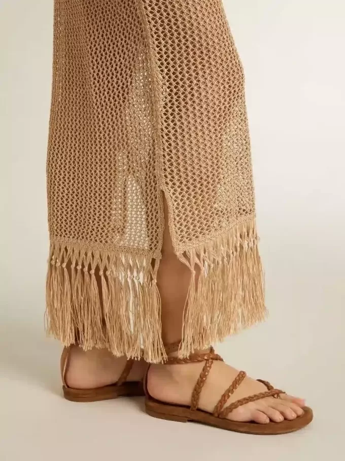 Rochie midi fără mâneci pentru femei, din croșetat bej, cu franjuri Rochie midi fără mâneci pentru femei, din croșetat bej, cu franjuri