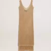 Rochie midi fără mâneci pentru femei, din croșetat bej, cu franjuri Rochie midi fără mâneci pentru femei, din croșetat bej, cu franjuri