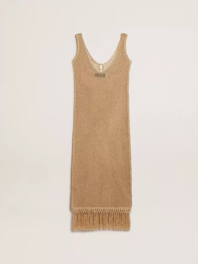 Rochie midi fără mâneci pentru femei, din croșetat bej, cu franjuri Rochie midi fără mâneci pentru femei, din croșetat bej, cu franjuri