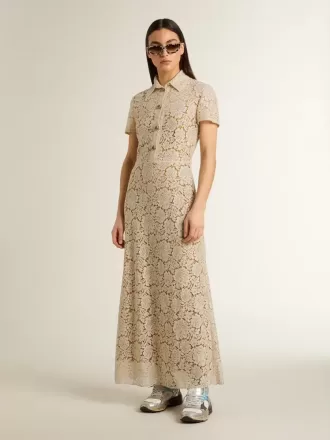 Rochie midi pentru femei din dantelă transparentă de culoare crem