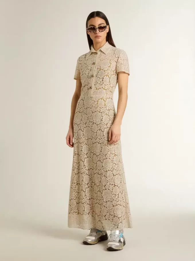 Rochie midi pentru femei din dantelă transparentă de culoare crem Rochie midi pentru femei din dantelă transparentă de culoare crem
