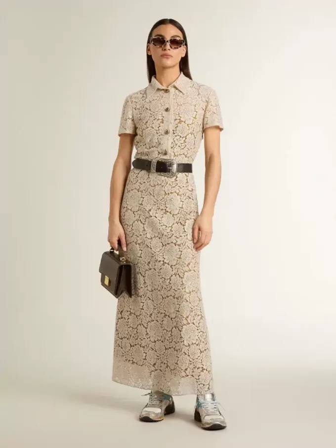 Rochie midi pentru femei din dantelă transparentă de culoare crem Rochie midi pentru femei din dantelă transparentă de culoare crem