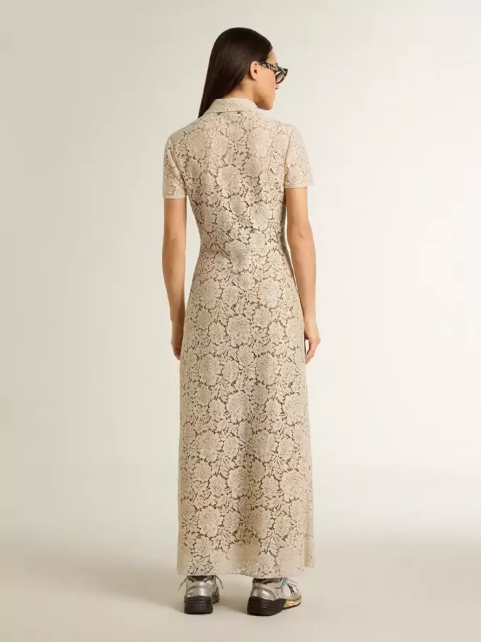 Rochie midi pentru femei din dantelă transparentă de culoare crem Rochie midi pentru femei din dantelă transparentă de culoare crem