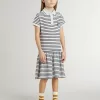 Rochie midi pentru fete din bumbac cu dungi și broderii