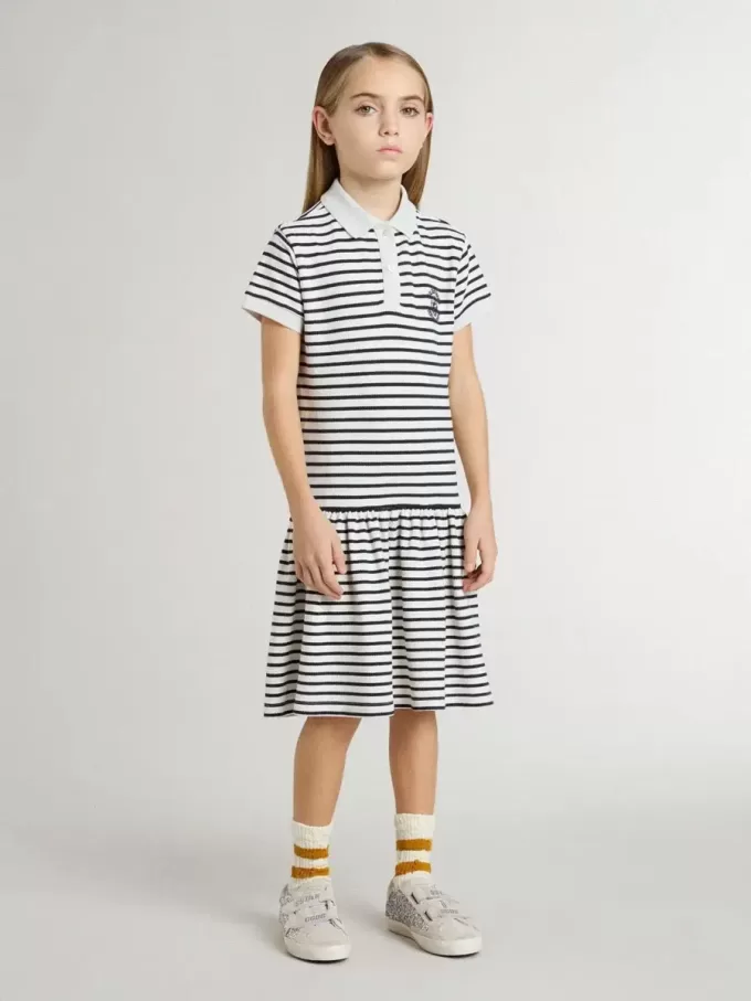 Rochie midi pentru fete din bumbac cu dungi și broderii