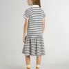 Rochie midi pentru fete din bumbac cu dungi și broderii