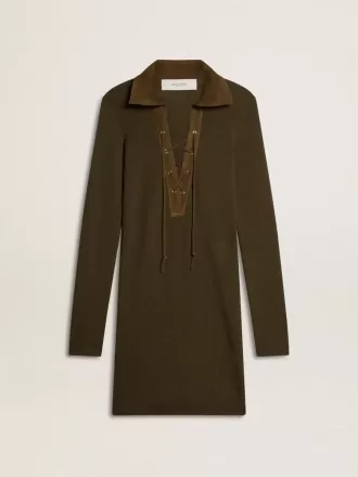 Rochie mini din lână verde militar cu detalii din piele