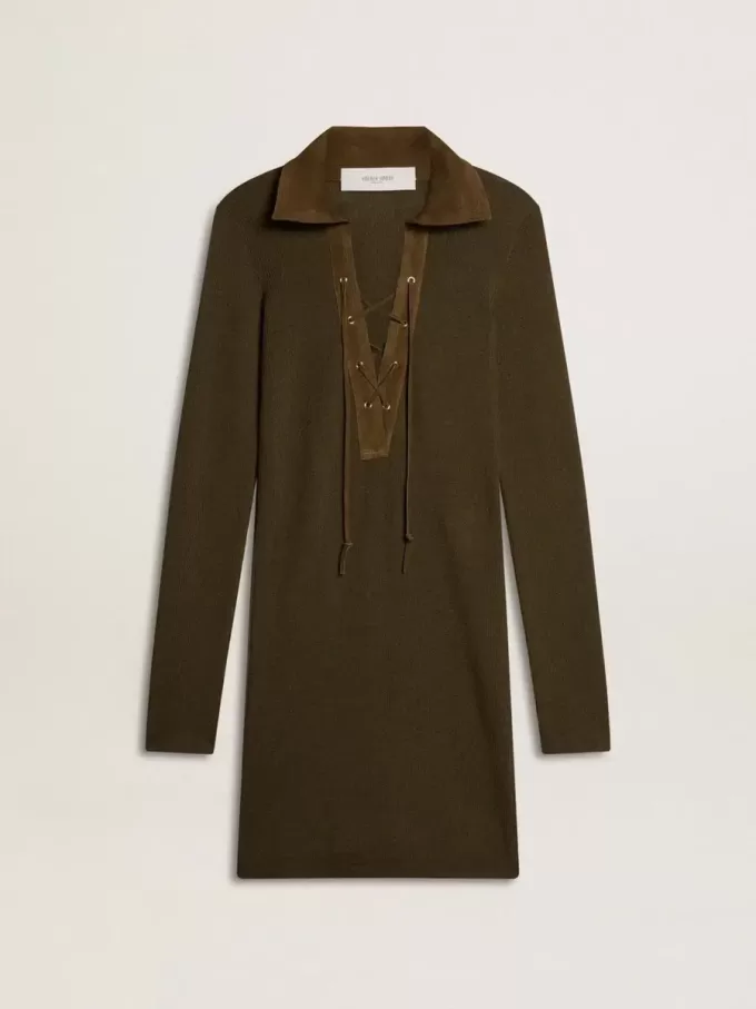 Rochie mini din lână verde militar cu detalii din piele Rochie mini din lână verde militar cu detalii din piele