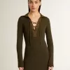 Rochie mini din lână verde militar cu detalii din piele Rochie mini din lână verde militar cu detalii din piele