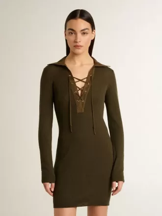 Rochie mini din lână verde militar cu detalii din piele